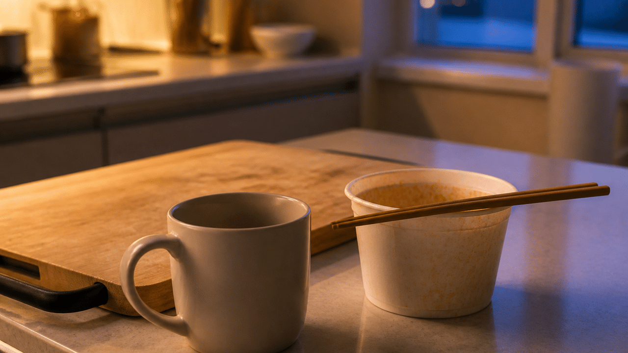 夕方の台所で、白湯とカップ麺を同時に使います。